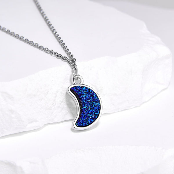 1pc Natural Druzy Crystal Pendant Necklace, Purple Blue Moon Drop Small Gemstone Pendant, 18 inch Stainless Steel Surgical Chain, GGP27-6