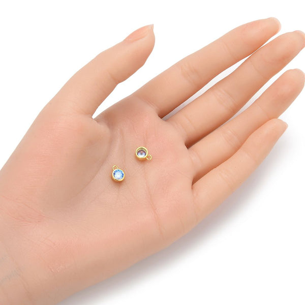 2pcs 925 Sterling Silver 6mm March Birthstone Charm Drop Pendants, Real 18K Yellow Gold Plated, Aquamarine Blue Cubic Zirconia Gemstone, SXP7-3