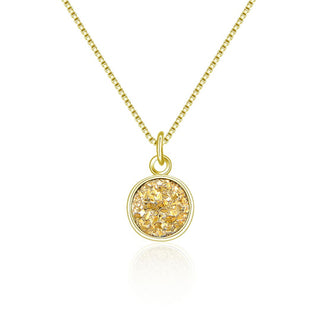 1pc Natural Druzy Crystal Pendant Necklace, Gold Round Disc Drop Small Tiny Gemstone Pendant, 18 inch Gold Plated Stainless Steel Chain, GGP22-1
