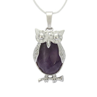 1pc Natural Purple Amethyst Crystal Gemstone Owl Pendant Necklace, 18 Inch Surgical Stainless Steel Chain, GGP-G4