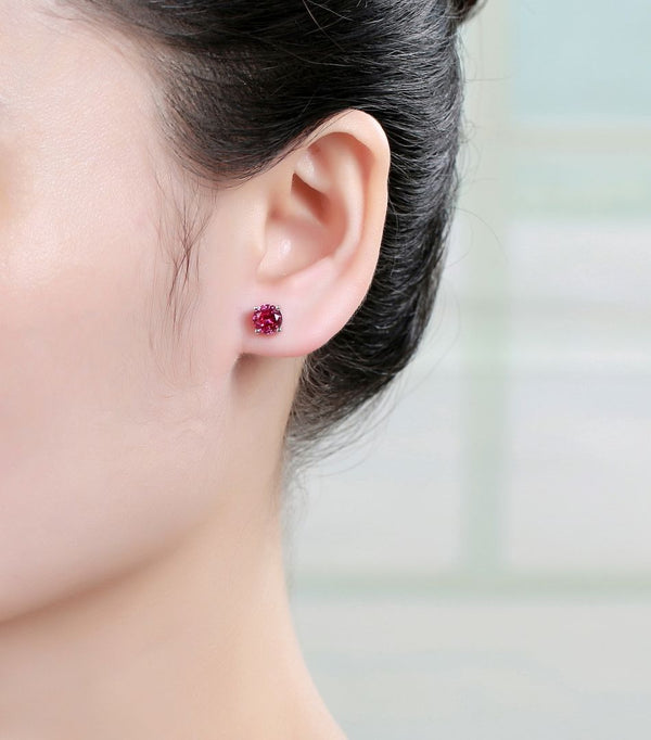 1 Pair 925 Sterling Silver January Red Birthstone Round Cut Stud Earrings, 6mm/0.84 Carat Cubic Zirconia CZ Created Garnet Stone, SSE48-1