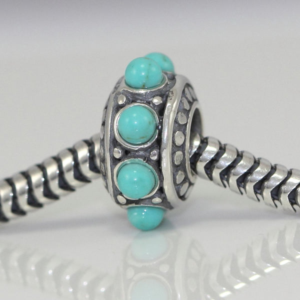 1pc Real 925 Sterling Silver Flower Blue Turquoise Gemstone Bead Charm, Compatible with Pandora All Other Charm Bracelet, EC6-B8