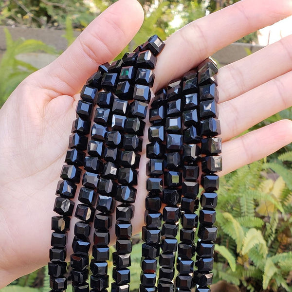 100pcs Creative Club Faceted Cube Crystal Glass Beads, Jet Black, 8mm, Hole ID 1mm, CCC823
