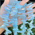 1 Strand Natural Raw Crystal Quartz Gemstone Beads, Small Drilled Stone Points, Aqua Blue AB Titanium Coated Stone Stick, 15 Inch, GA7