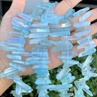1 Strand Natural Raw Crystal Quartz Gemstone Beads, Small Drilled Stone Points, Aqua Blue AB Titanium Coated Stone Stick, 15 Inch, GA7