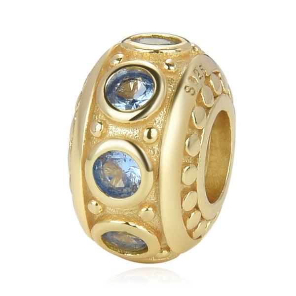 1pc Real Gold Plated 925 Sterling Silver March Birthstone Bead Charm, Blue Aquarmarine Cubic Zirconia CZ, 11x6.8mm, Hole ID 4.5mm, EC1-B3