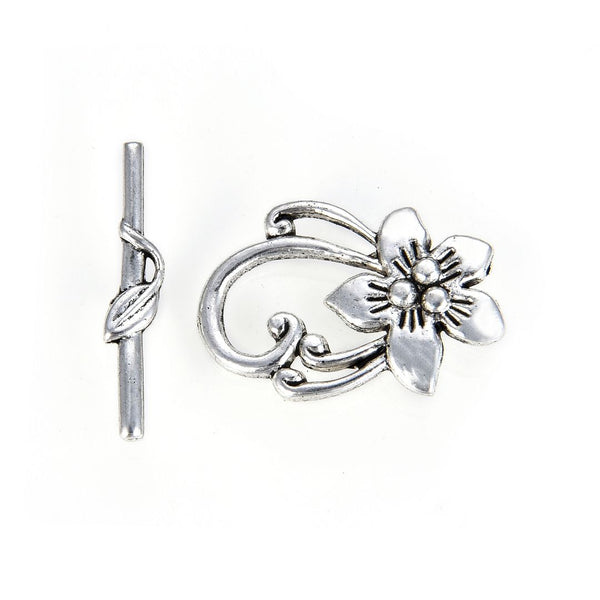 Adabele 20 Sets Blooming Flower Toggle Clasp, T-Bar Jewelry Closure, 30mm (1.2 Inch), Antique Silver, MC-AF16