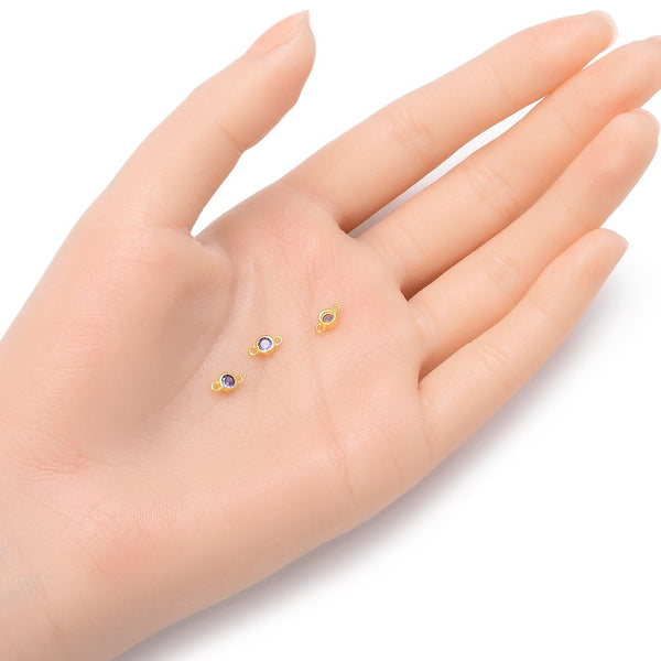 2pcs 925 Sterling Silver 4mm Tiny February Birthstone Links, Real 18K Yellow Gold Plated, Amethyst Purple Cubic Zirconia Gemstone Connector, SXP5-2