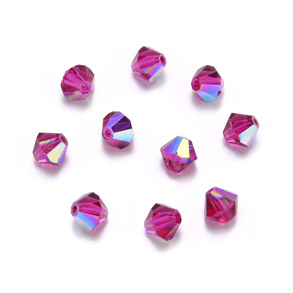 50pcs Preciosa Faceted Bicone Crystal Beads, Fuchsia AB, 6mm, Hole ID 1mm, Pre-B662