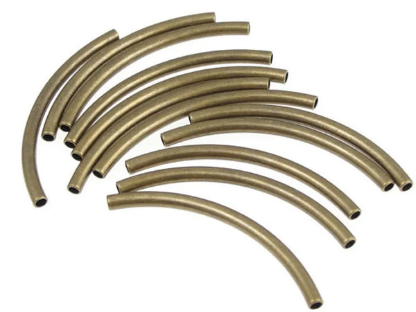 100pcs Curved Noodle Tube Beads, Antique Bronze Plated Brass, Tarnish Resistant, Hole ID 1.5mm, Size Selections: 25mm/30mm/35mm/40mm/50mm