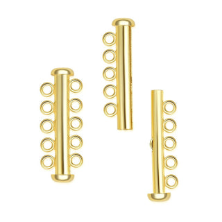 1pc 925 Sterling Silver 5 Strands Multi-Strand Slide Lock Tube Clasp Set, Real 18K Yellow Gold Plated, 30mm Long, SS91-5