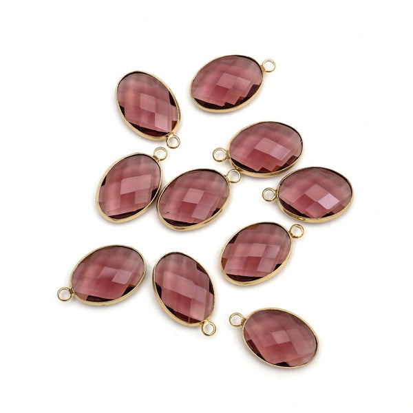10pcs Grade A February Amethyst Purple Oval Birthstone Charm Drops, 18K Yellow Gold Plated Brass, 18x13mm, CCP6-G2