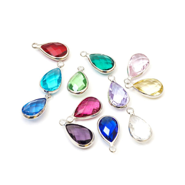 10pcs Grade A April Crystal Clear Teardrop Birthstone Charm Drop, Sterling Silver Plated Brass, Size Selections: 11x7mm, 14x8mm, 16x9mm