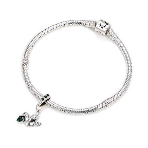 1pc 925 Sterling Silver Bird Charm, Freedom Lover May Birthstone Charm Drop, Green Emerald Cubic Zirconia CZ, 20mm Long, Hole ID 4.5mm, EC1-D5