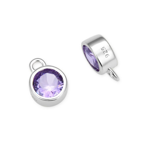 2pcs 925 Sterling Silver 6mm February Birthstone Charm Drop Pendants, Tarnish Resistant, Amethyst Purple Cubic Zirconia Gemstone, SXP8-2