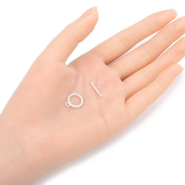 2 Sets 925 Sterling Silver Round Twisted Toggle Clasps, T-Bar Jewelry Closure, 13mm (0.51 Inch), SS397