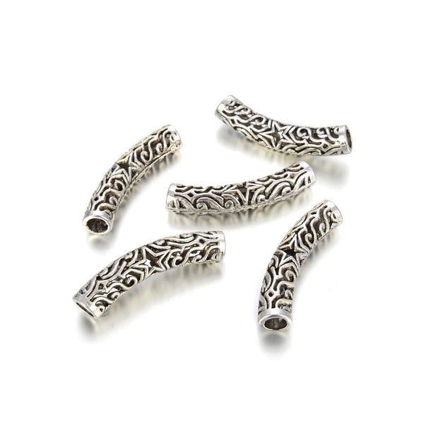 10pcs Large Hole Curved Filigree Star Noodle Tubes, Antique Silver, 34mm (1.34 Inch), Hole ID 5mm, MC-L3