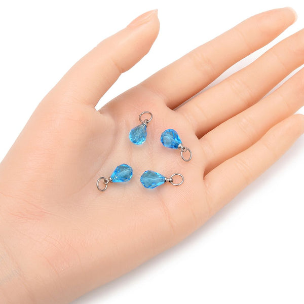 5pcs March Birthstone Charm Drops, 10mm Aquamarine Blue Austrian Teardrop Crystal Beads, Sterling Silver Plated Open Jump Rings, BR6-3