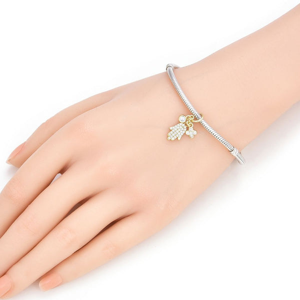 1pc Real Gold Plated Sterling Silver Shining Hand Flower Bead Charm Pendant Cubic Zirconia CZ, Compatible with Pandora All Other Charm Bracelet,EC24-D2