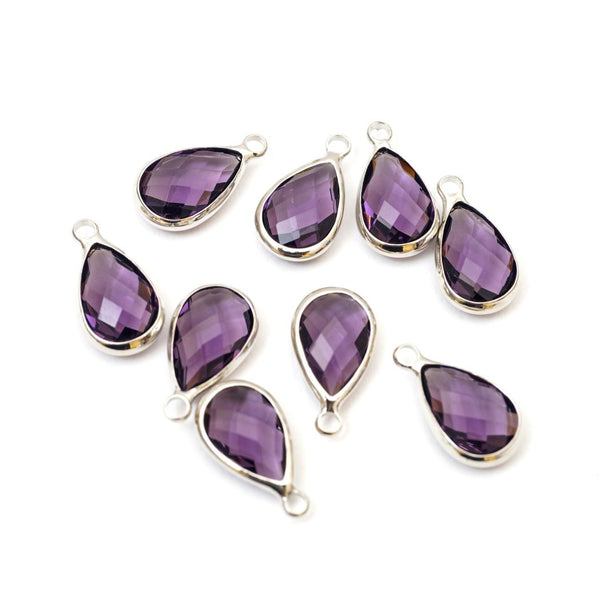 10pcs Grade A February Amethyst Teardrop Birthstone Charm Drop, Sterling Silver Plated Brass, Size Selections: 11x7mm, 14x8mm, 16x9mm