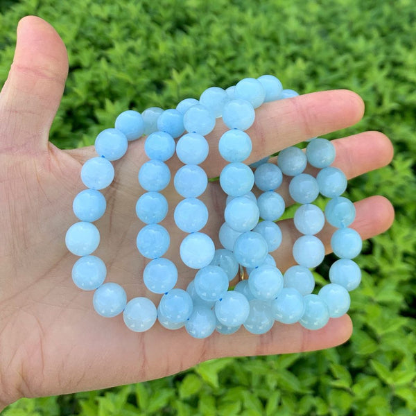 1 Strand Stretch Natural Blue Aquamarine Beaded Gemstone Bracelet, 10mm Bead, Length Selections: 7 inch/7.5 inch/8 inch/8.5 inch