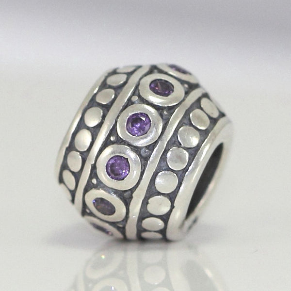 1pc 925 Sterling Silver Round February Birthstone Bead Charm, Purple Amethyst Cubic Zirconia CZ, 10x8mm, Hole ID 4.5mm, EC1-F2
