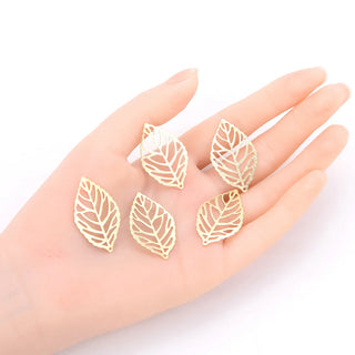 20pcs Brushed Raw Brass Filigree Leaf Pendant Drop, Connector, Unplated/Uncoated, Size Selections: 27mm/35mm