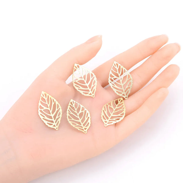 20pcs Brushed Raw Brass Filigree Leaf Pendant Drop, Connector, Unplated/Uncoated, Size Selections: 27mm/35mm