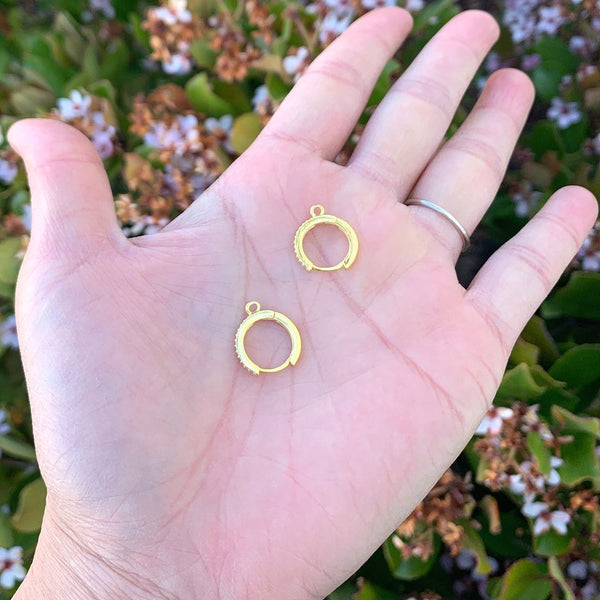 2pcs 925 Sterling Silver Round Hoop Huggies Earring Hooks, Real 18K Yellow Gold Plated, Cubic Zirconia CZ, Size Selecitons: 14mm/16mm