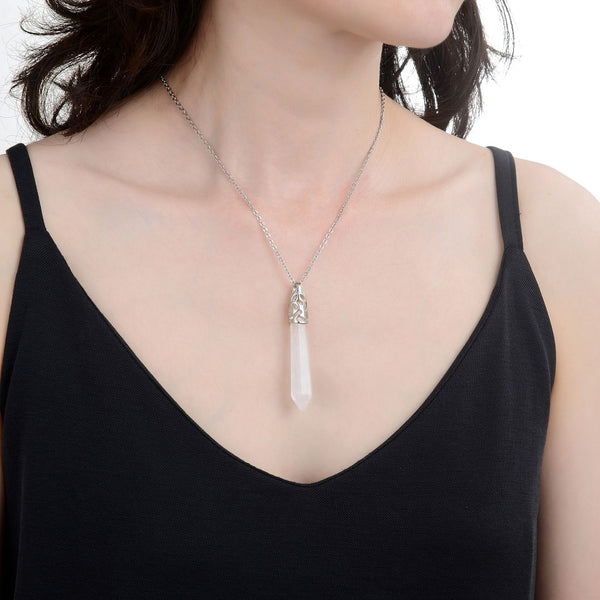 1pc Natural White Quartz Clear Crystal Hexagonal Pile Gemstone Pendant Necklace, 18 Inch Surgical Stainless Steel Chain, GGP-B5