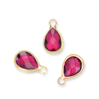 10pcs Grade A July Ruby Teardrop Birthstone Charm Drop, 18K Yellow Gold Plated Brass, Size Selections: 11x7mm, 14x8mm, 16x9mm