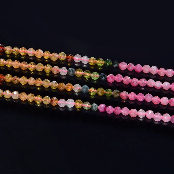 Natural Multi-color Tourmaline Gradient Shade Gemstone Tiny Small Faceted Round Beads, 4mm, Hole ID 0.6mm, 15 Inch/1 Strand, GK4-3