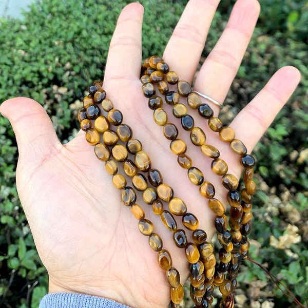 Natural Brown Tiger Eye Gemstone Oval Tumbled Pebble Beads, Irregular, 6mm to 8mm, Hole ID 1mm, 15 Inch/1 Strand, GZ11-27