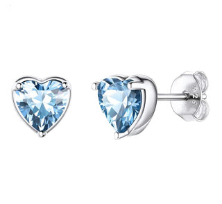 1 Pair 925 Sterling Silver March Love Heart Birthstone Stud Earrings, 6mm/0.84 Carat Cubic Zirconia CZ Blue Aquamarine Stone, SSE79-3
