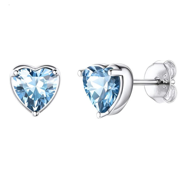 1 Pair 925 Sterling Silver March Love Heart Birthstone Stud Earrings, 6mm/0.84 Carat Cubic Zirconia CZ Blue Aquamarine Stone, SSE79-3