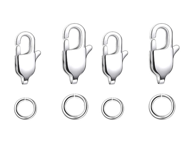 50pcs Rectangle Lobster Claw Clasp, 50pcs Open Jump Rings, Sterling Silver Plated Brass, Size Selections: 10mm/12mm