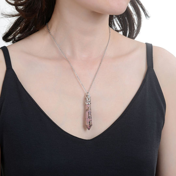 1pc Natural Rhodonite Pink Black Hexagonal Pile Gemstone Pendant Necklace, 18 Inch Surgical Stainless Steel Chain, GGP-B9