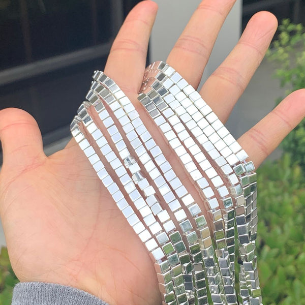 Grade A Natural Hematite Gemstone Cube Beads, Silver Plated, 2 strands/190pcs Beads, 4mm/Small Tiny, Hole ID 1mm, GFC-K2