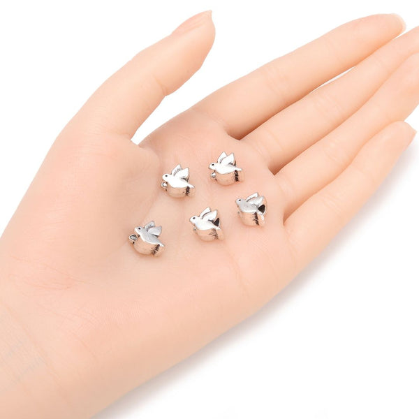 20pcs Cute Dove Bird Symbol of Peace Hope Large Hole Beads, Hole ID 4.5mm, Antique Silver, Zinc Alloy Metal, MEC-A2