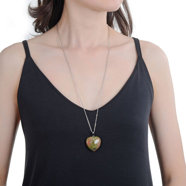1pc You Are My Only Love Necklace, Natural Unakite Jasper Gemstone Large Heart Pendant, 26 Inch Surgical Stainless Steel Chain, GGP8-B6