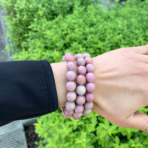1 Strand Stretch Natural Pink Rhodonite Beaded Gemstone Bracelet, 10mm Bead, Length Selections: 7 inch/7.5 inch/8 inch/8.5 inch