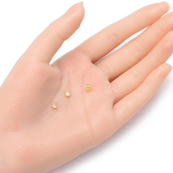 2pcs 925 Sterling Silver 4mm Tiny October Birthstone Charm Drop Pendants, Real 18K Yellow Gold Plated, Pink Tourmaline Cubic Zirconia Gemstone, SXP3-10