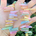 1 Strand Natural Raw Crystal Quartz Gemstone Beads, Small Drilled Stone Points, Chakra Rainbow AB Titanium Coated Stone Stick, 15 Inch, GA6