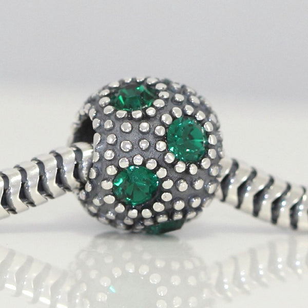 1pc 925 Sterling Silver May Birthstone Bead Charm, Green Emerald Cubic Zirconia CZ, 10.3x9mm, Hole ID 4.5mm, EC1-M5