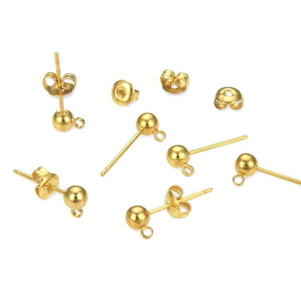 40pcs Tarnish Resistant Ball Earring Posts, Closed Ring, with 40pcs Earring Backs, 18K Yellow Gold Plated Brass, Ball Size Selections: 3mm/4mm/5mm