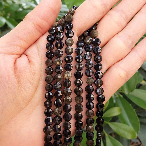 Natural Gold Sheen Black Obsidian Gemstone Faceted Flat Round Coin Beads, 6mm, Hole ID 1mm, 15 Inch/1 Strand, GZ13-11