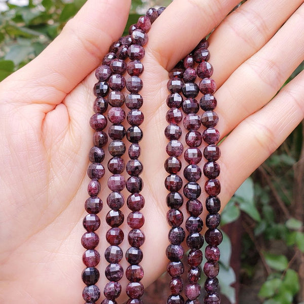 Natural Garnet Dark Red Gemstone Faceted Flat Round Coin Beads, 6mm, Hole ID 1mm, 15 Inch/1 Strand, GZ13-3