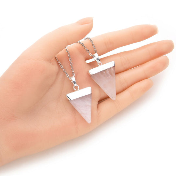1pc Natural White Quartz Clear Crystal Triangle Gemstone Pendant Necklace, 18 Inch Surgical Stainless Steel Chain, GGP-A3