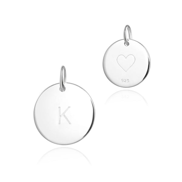 1pc 925 Sterling Silver 12mm Letter K Charm, Heart Engraved, Name Initial Disc Coin Pendant Drop, SLP-S11