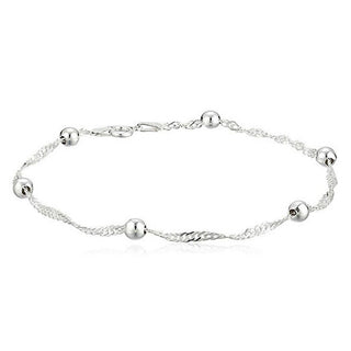 1pc 925 Sterling Silver 3mm Bead Station Singapore Chain Bracelet, Length Selections: 6.5 inch/7 inch/7.5 inch/8 inch